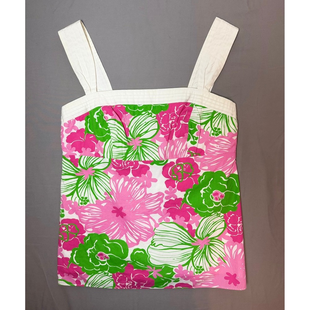 Lilly Pulitzer Pink Green Floral Cotton Blend Smocked Back Cami Top Size 2
